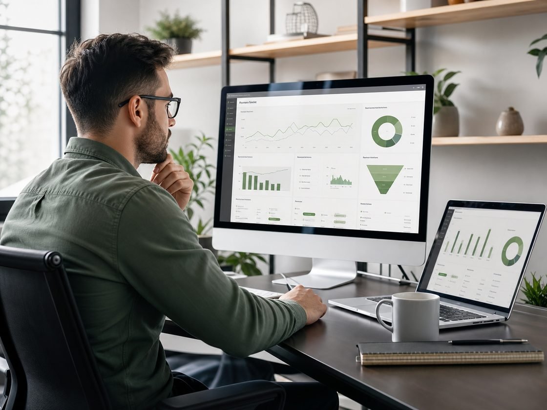 A Search Spark strategist reviewing SEO reporting dashboards